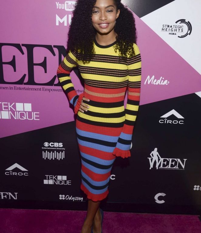 Splurge: Yara Shahidi’s 6th Annual WEEN Awards $475 Opening Ceremony Striped Ribbed Knit Midi Dress