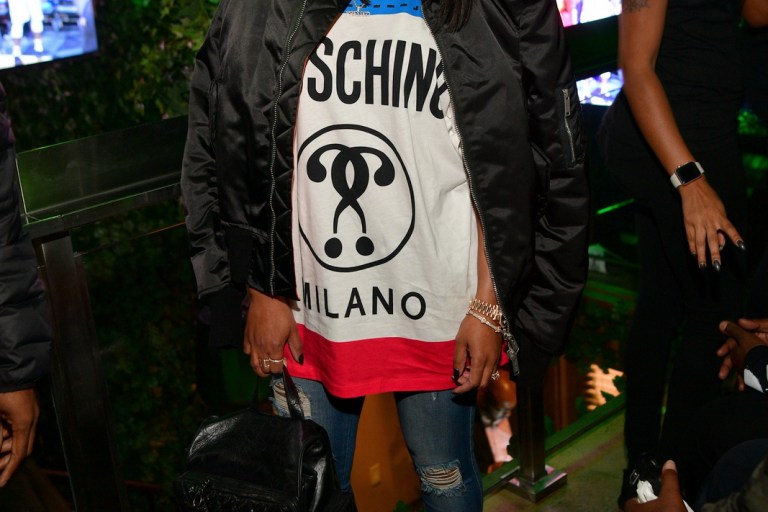 Splurge: Rasheeda’s Toya Wright Cru Book Launch $200 Moschino Logo Printed Red, White, and Blue T-Shirt