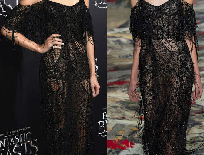 Hot! or Hmm… Zoe Kravitz’s <em>Fantastic Beasts and Where to Find Them</em> New York City Premiere Alexander McQueen Spring 2017 Black Sheer Embellished Web Lace Gown