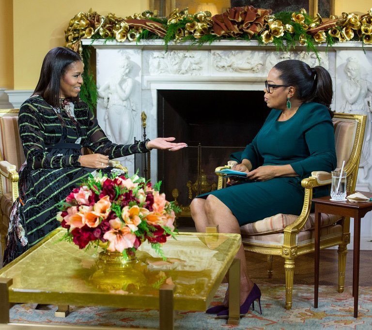 Oprah Wears Custom Brandon Maxwell and First Lady Michelle Obama Wears Preen’s Audrey Dress on “First Lady Michelle Obama Says Goodbye to the White House” Special