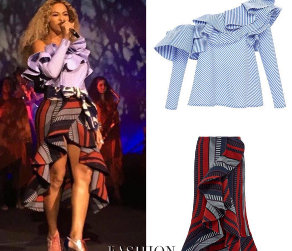 Splurge: Beyonce’s Parkwood Holiday Party Johanna Ortiz M’O Exclusive $795 Anastasia One Shoulder Ruffled Top and $995 Alexia Striped Flounced Skirt