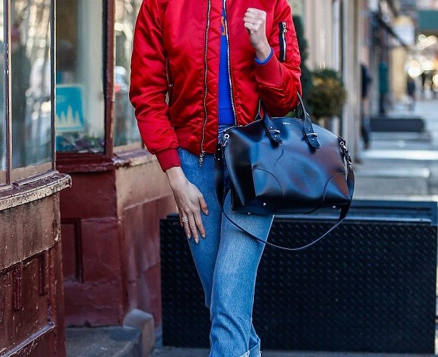 Splurge: Karlie Kloss’s New York City UNRAVEL FWRD Exclusive Red Bomber Jacket and By Far ‘Neva’ Frontal Zip Black Ankle Boots