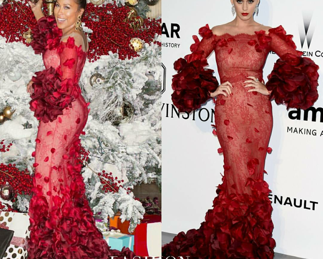 Who Wore It Better? Marjorie Harvey vs. Katy Perry in Marchesa’s Fall 2016 Off-the-Shoulder Petal Embroidered Red Lace Gown
