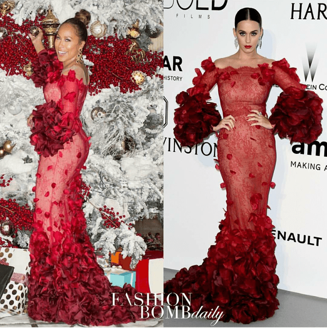 Who Wore It Better? Marjorie Harvey vs. Katy Perry in Marchesa’s Fall 2016 Off-the-Shoulder Petal Embroidered Red Lace Gown
