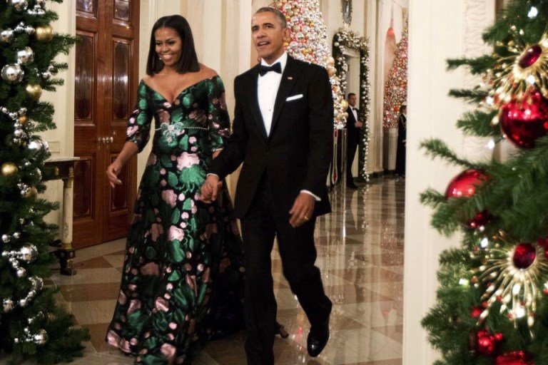 First Lady Michelle Obama Wears a Custom Gucci Green Floral Silk Crepe Gown to the 2016 Kennedy Center Honors