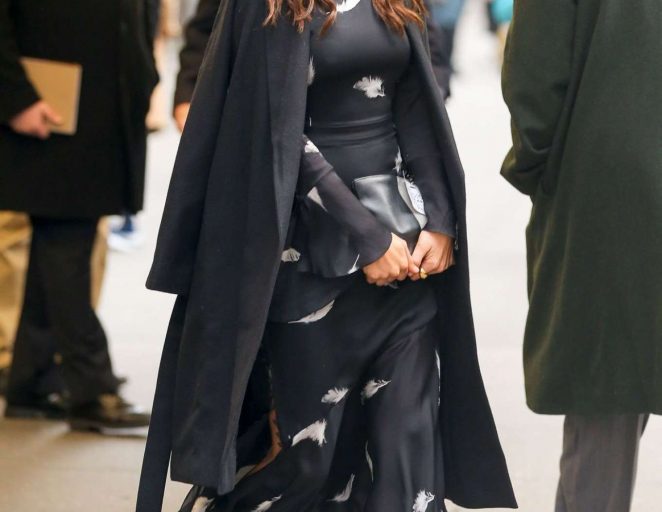 Splurge: Adria Arjona’s NBC Studios $538 Prabal Gurung Black and White Floating Feather Flared Dress