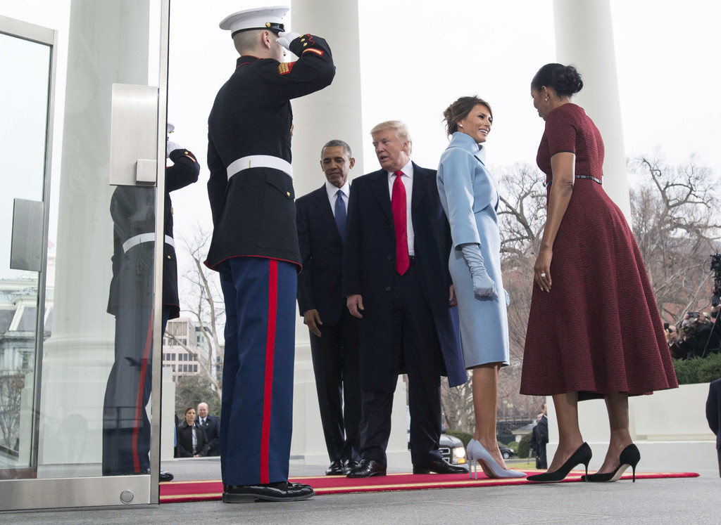 First Lady Michelle Obama Wears Red Jason Wu Dress and Melania Trump ...