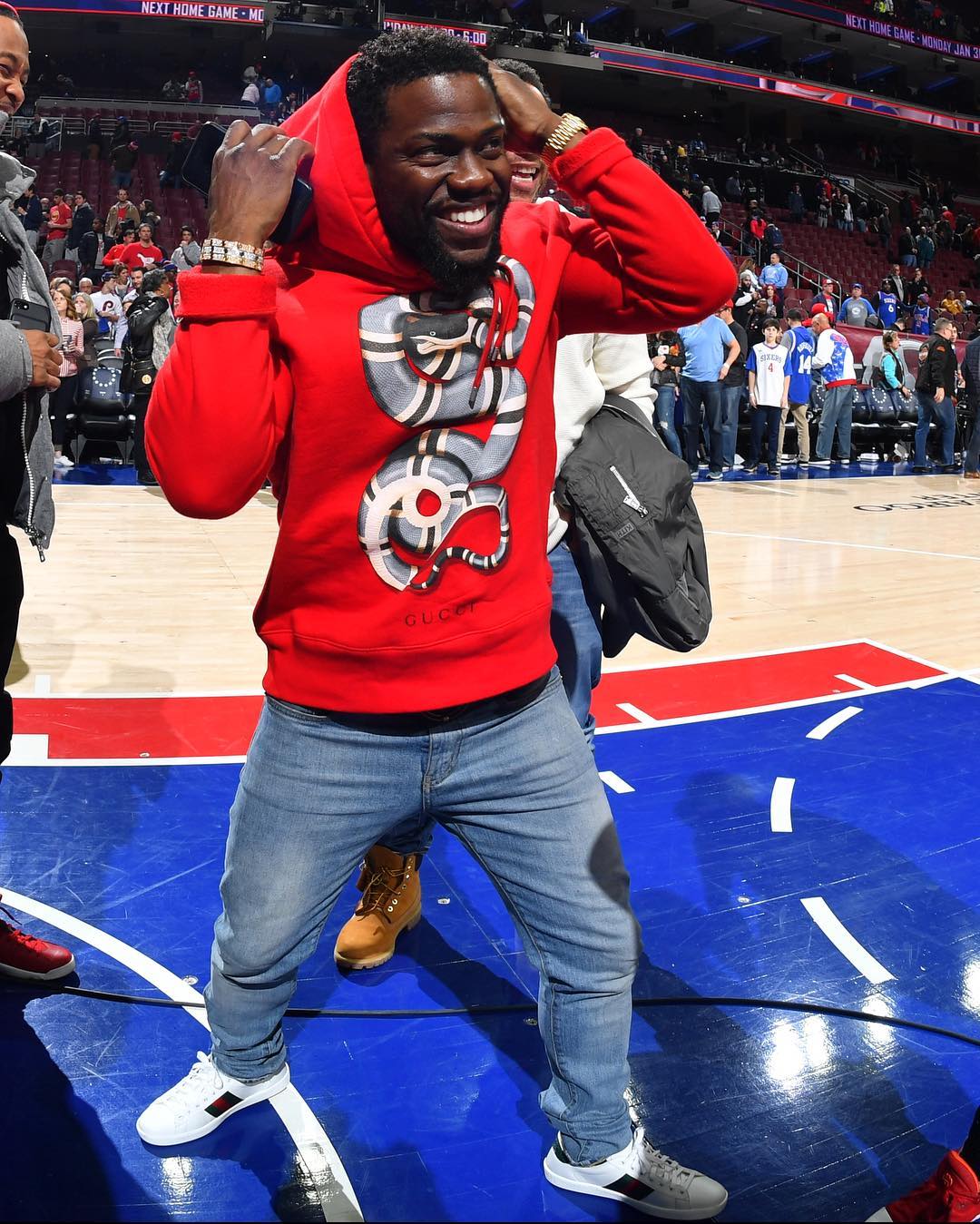 Men s Fashion Flash Kevin Hart s Rockets vs Sixers Game Gucci Snake Graphic Hoodie and Gucci Ace Low Top Sneakers Fashion Bomb Daily