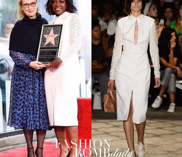 Viola Davis Wears Christian Siriano Spring 2016 White Lace Textured Sleeve Dress to Accept Her Star on the Hollywood Walk of Fame