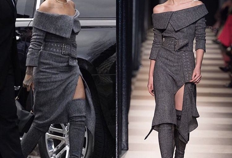 Hot! or Hmm…: Rihanna’s Harvard Foundation Humanitarian Of The Year Award Ceremony Monse’s Fall 2017 Gray Off-The-Shoulder Belted Dress and Matching Boots
