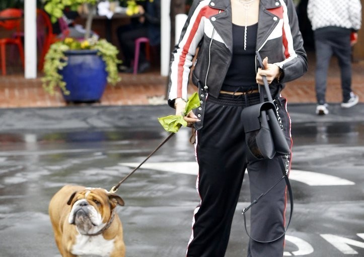 Splurge: Sofia Richie’s Fred Segal $473 Maje Beril Jacket and $1,095 Givenchy Logo Stripe Joggers