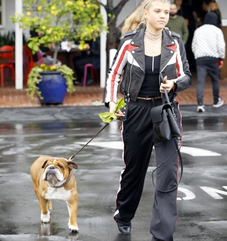Splurge: Sofia Richie’s Fred Segal $473 Maje Beril Jacket and $1,095 Givenchy Logo Stripe Joggers