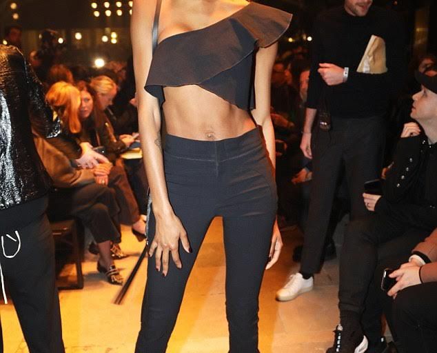 Splurge: Jourdan Dunn’s Paris Fashion Week Isabel Marant Hayo Ruffled One-Shoulder Crop Top and Stretch Gabardine Flare Pants