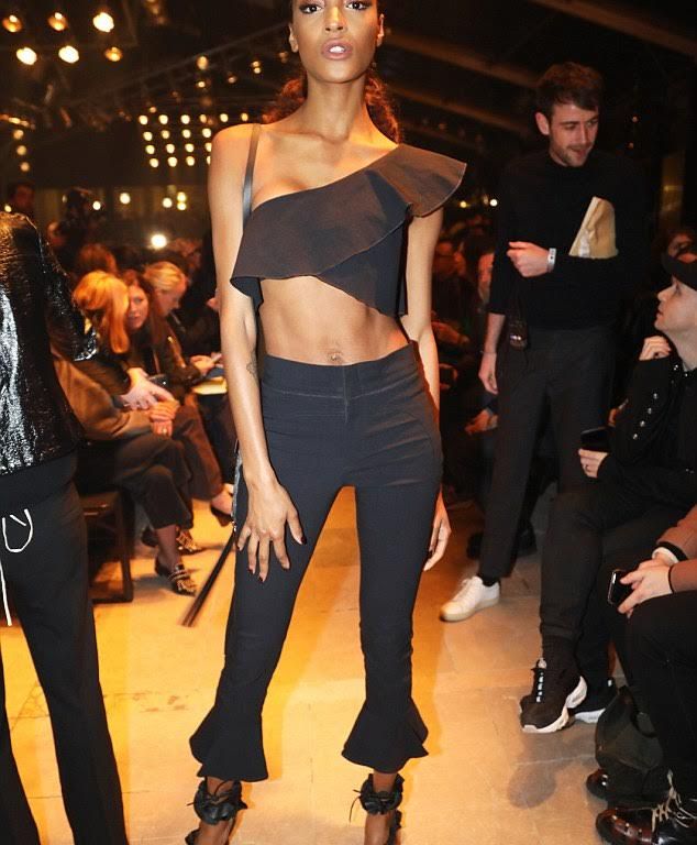 Splurge: Jourdan Dunn’s Paris Fashion Week Isabel Marant Hayo Ruffled One-Shoulder Crop Top and Stretch Gabardine Flare Pants