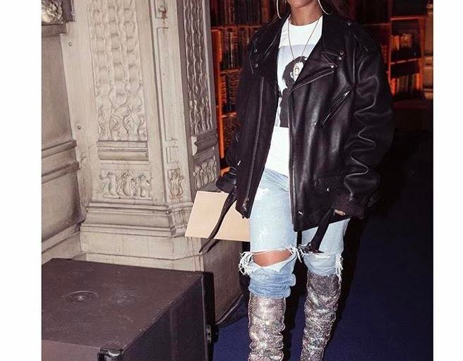 Hot! or Hmm… Rihanna’s Paris YSL Crystal-Embellished Boots, Schott NYC Classic ‘Perfecto’ Jacket and Raf Simons ‘Patti Smith’ Sweetheart Sweatshirt