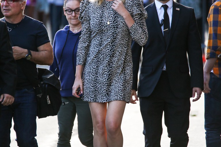 Splurge: Charlize Theron’s Jimmy Kimmel Live $2,590 Saint Laurent Leopard Print Dress and $895 Christian Louboutin Harler Suede Pointed-Toe Pumps