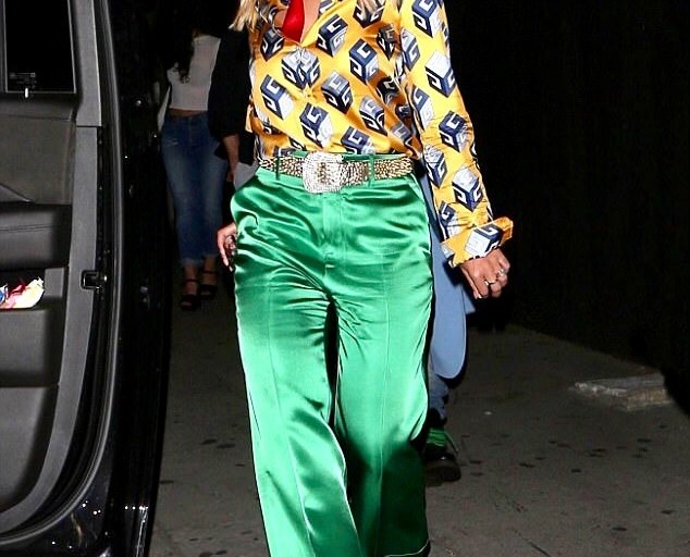 Splurge: Rita Ora’s The Nice Guy Gucci Wallpaper Print Silk Blouse and Duchesse Green Wide Leg Cuffed Pants