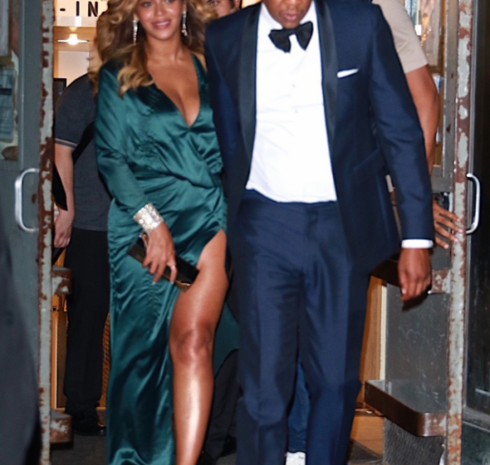 Get the Look: Beyonce’s Diamond Ball House of CB Serafina Green High Slit Maxi Dress and Giuseppe Zanotti Platform Sandals