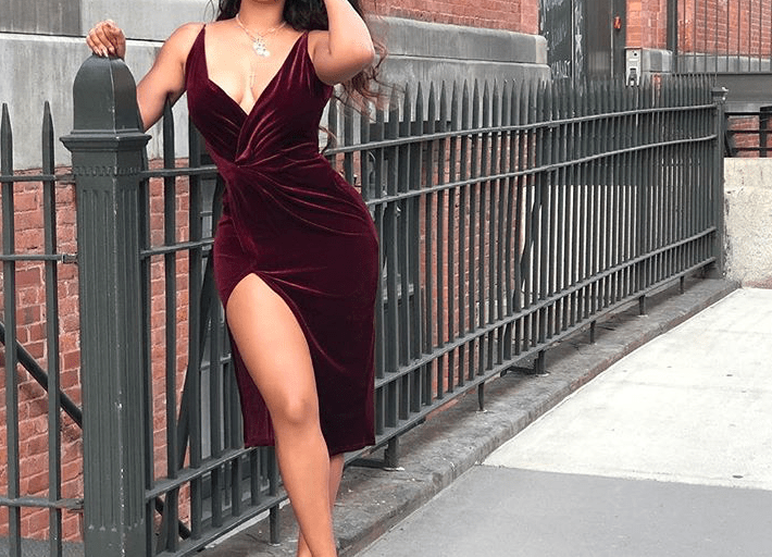 Steal: Lala Anthony’s Instagram $78 Meshki Boutique Sasha Red Velvet Dress and Gianvito Rossi Velvet Pumps