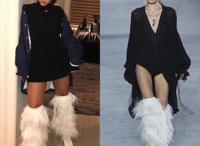 Hot! Or Hmm…: Rihanna’s Instagram Off White Black Open Back Mini Dress and Saint Laurent Spring 2018 White Feathers Boots
