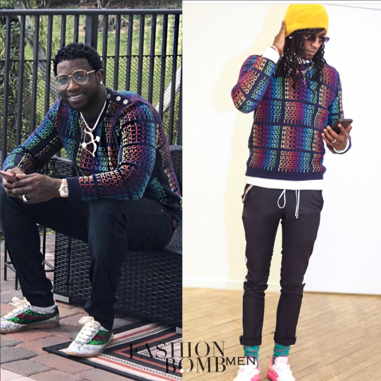 Who Wore It Better? Gucci Mane vs. Young Thug In Gucci’s ‘Rainbow Hollywood’ Sweater