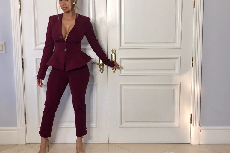 Splurge: Cardi B’s All Star Weekend Cushnie et Ochs Burgundy Peplum Suit