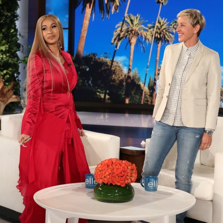Cardi B Wears Red Givenchy Two-Button Mixed-Panel Ruffled-Hem Linen-Silk Coat Jacket on Ellen