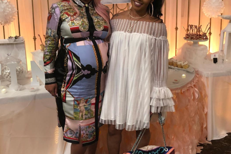 Splurge: Jessica Dime’s Baby Shower Versace Angel Print Dress