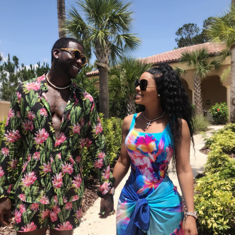 Keyshia Kaoir Vacations in Style Wearing Gucci Logo and Gottex Blue Tropical Swimsuits