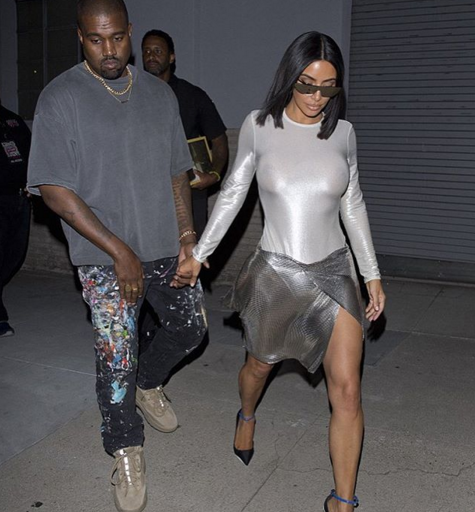 Kim Kardashian Steps out with Kanye West in a Metallic Silver Skirt by Fannie Schiavoni