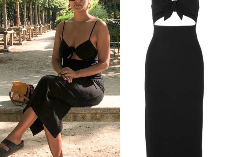 Wardrobe Query: Tracee Ellis Ross’s Jardin de Tuileries Black Ribbed Cutout Midi Dress