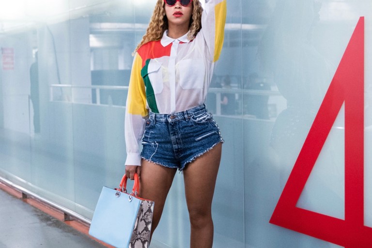 Beyonce Poses for the ‘Gram in a Celine Spring 2018 Colorblock Shirt, Coal N Terry Studded Shorts, and a Dior Bag
