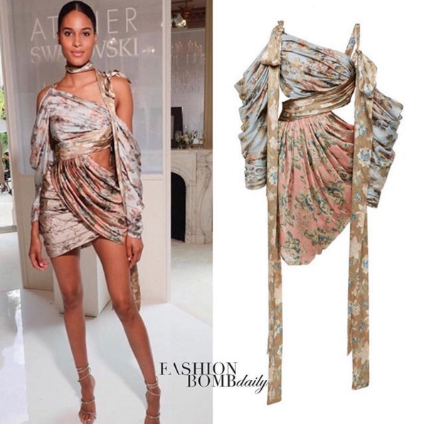 Model Cindy Bruna Stuns at Haute Couture Week in a Zimmermann Elixir Wrapped Floral Silk Mini Dress