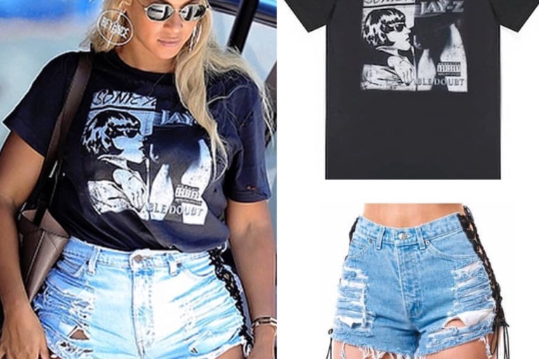 Beyonce is Nice in Nice Wearing Messika Paris Hoops, a Le Grand Heirs Sonic Youth x Jay Z Tee, and Coal N Terry Vintage Wicked Lace Up Cut Off Denim Shorts
