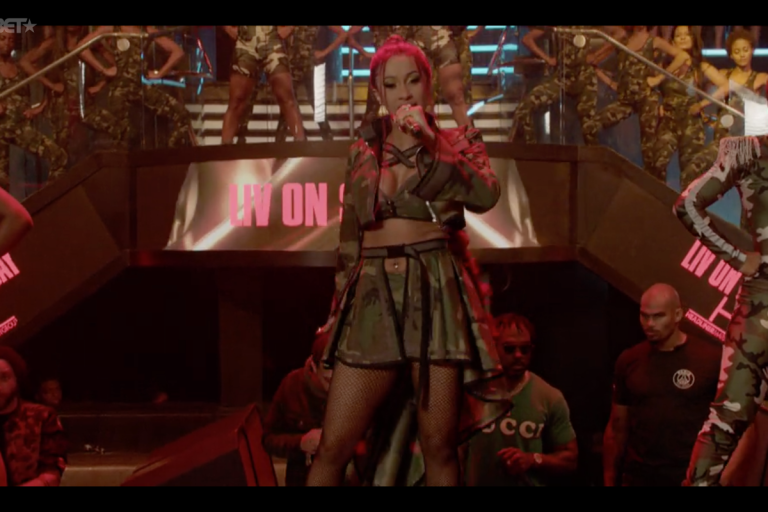 Cardi B Wears Custom Camouflage Bryan Hearns Ensemble to Perform at the BET Awards