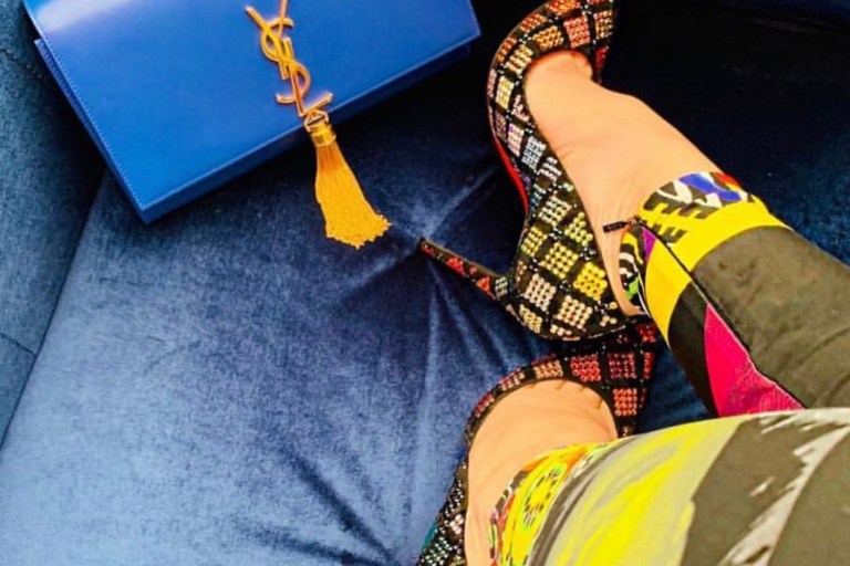 Accessories Lust: Buy Gia Casey’s Blue YSL Cassandre Fringe Bag and Christian Louboutin Multicolored Arletta Pumps