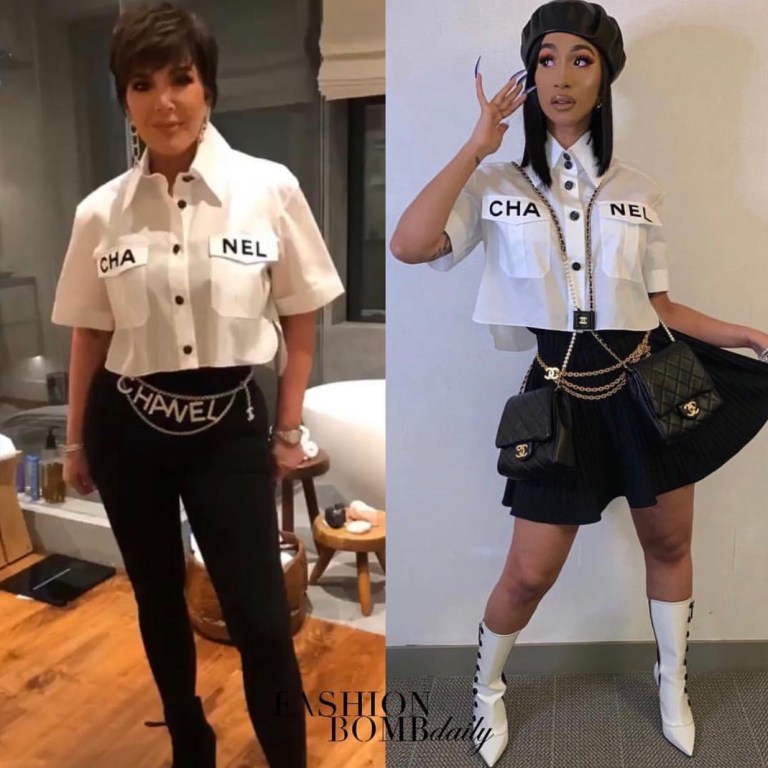 Who Wore it Better? Cardi B vs Kris Jenner in Chanel SS19 White Button Logo Blouse