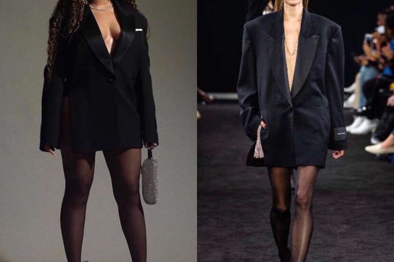 Beyonce Accepts the Vanguard Award at the GLAAD Awards in an Alexander Wang Oversized Blazer and Jimmy Choo Black Bow Sandals