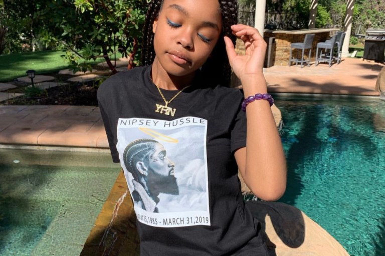 FashionBombHair: Marsai Martin slaying 90’s hair trend Jumbo Box Braids wearing Nipsey Hussle t-shirt