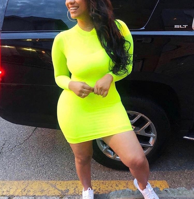 Cyn Santana Rocks her Neon Green Fitted Fashion Nova Long Sleeve Dress with Style & Ease for Summer