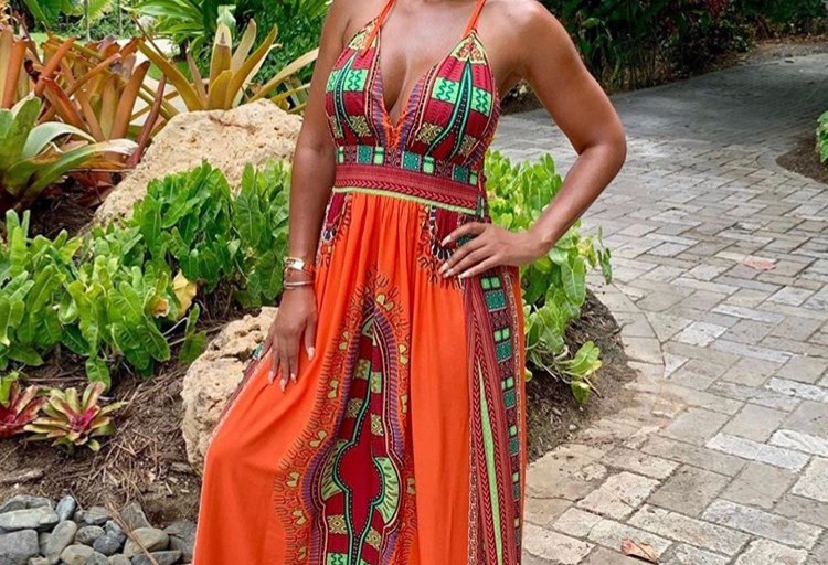 Evelyn Lozada Shows Off Perfect Ancestral Pride in her Tribal Print Halter Top Maxi Dress by Fashion Nova