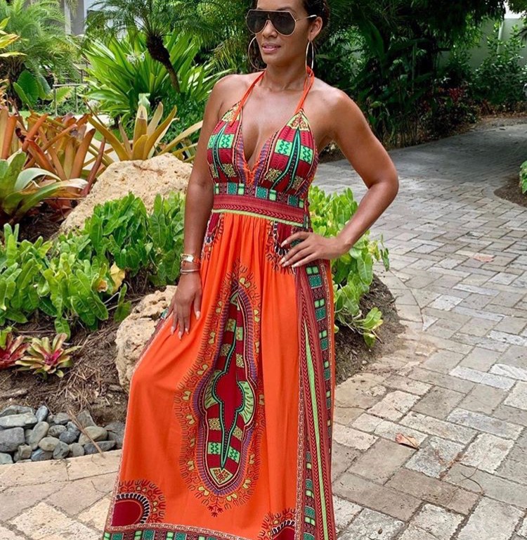 Evelyn Lozada Shows Off Perfect Ancestral Pride in her Tribal Print Halter Top Maxi Dress by Fashion Nova