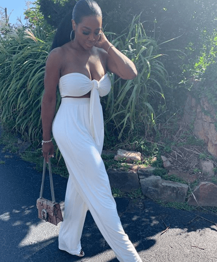 Wardrobe Query: Kenya Moore’s Instagram $80 J Lux Label Bandeau Tie Front Top and Pants Set