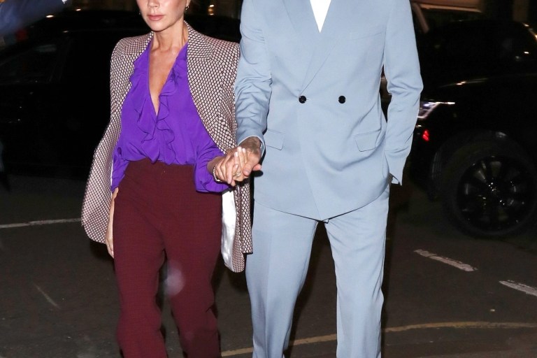 Get the Look: Victoria Beckham’s LFW dinner Purple Top, Burgundy Pants, and Printed Blazer