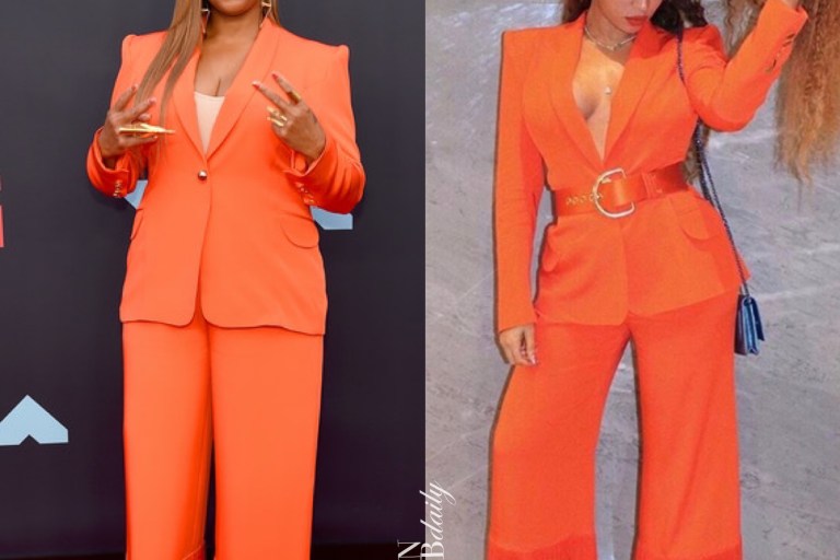 Who Wore it Better? Queen Latifah vs. Beyonce in Sergio Hudson’s Orange Belted Blazer and Fringed Pants Suit Available on Fashion Bomb Daily Shop