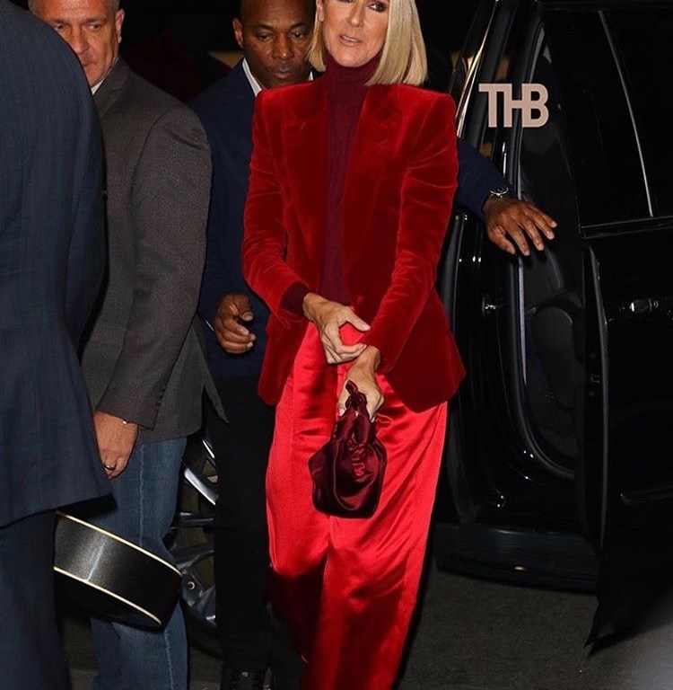 Celine Dion Puts us in the Perfect Holiday Spirit Wearing a Dashing Red Velvet Tom Ford Blazer, Turtle Neck & Silk  Pants Ensemble