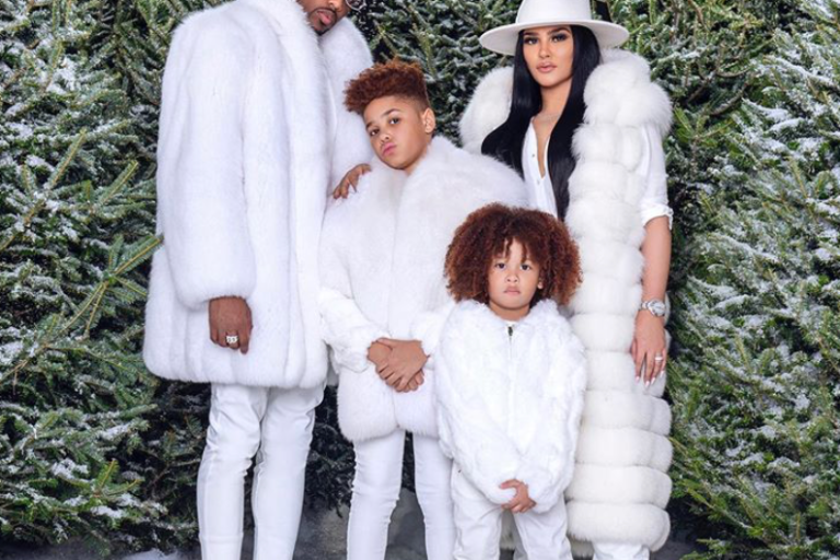 Emily B Poses for Christmas Photo with Fabolous and Sons Johan and Jonas in Frances Grey Hat Available on FashionBombDailyShop.com