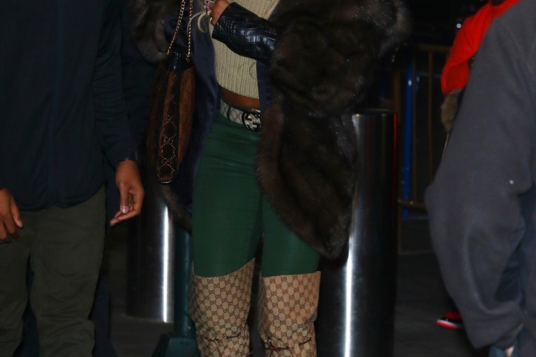Get the Look: Mary J. Blige’s 76ers x Knicks Game Gucci Thigh High Monogram Boots, Belt, and Bag