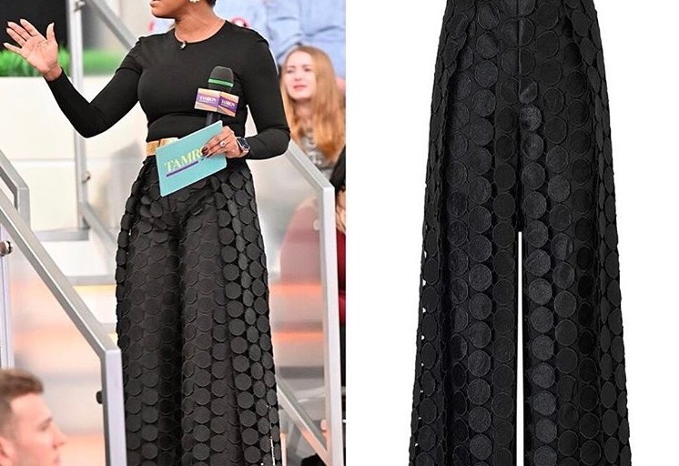 The Bombshells Are Raving: Tamron Hall Wears Circular Lace Patterned Pants from Solace London on The Tamra Hall Show.