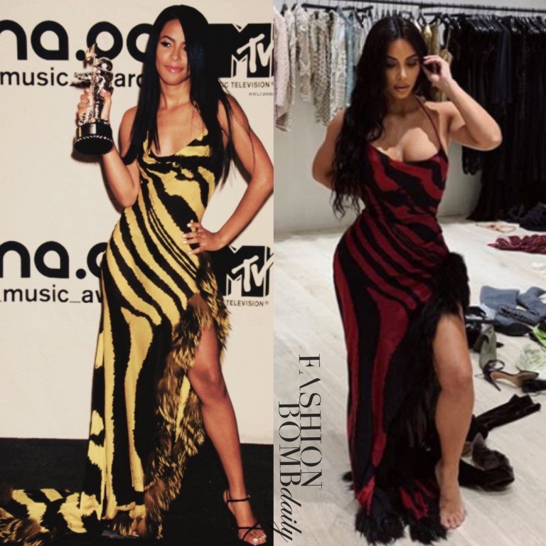 Kim Kardashian and Kourtney Kardashian Wear Vintage Roberto Cavalli, while Kim Wears Same Cavalli dress Aaliyah Wore to the 2000 VMA’s